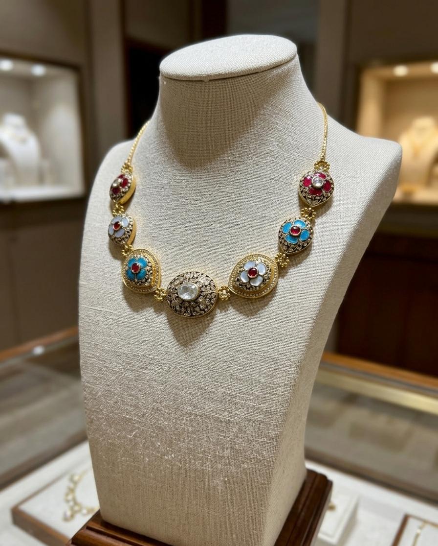 The Gulzar Meenakari & Polki Choker Necklace in 925 silver