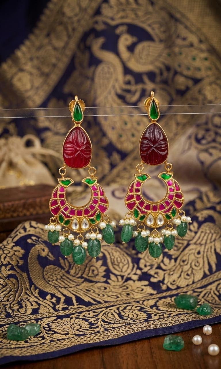 The Mayur Chandbali Earrings – Traditional Jadau Dangles with Carved Rubies & Emerald Beads