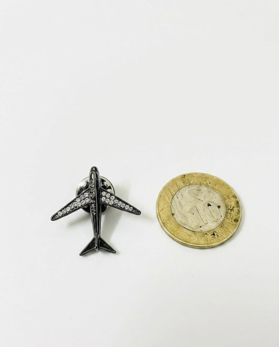 Gunmetal Crystal-Winged Airplane Brooch Pin