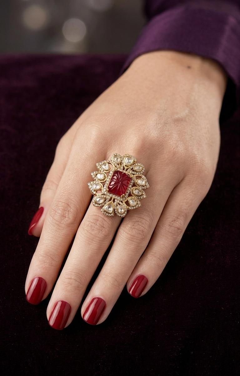 The Shahi Meera Carved Ruby & Polki Ring