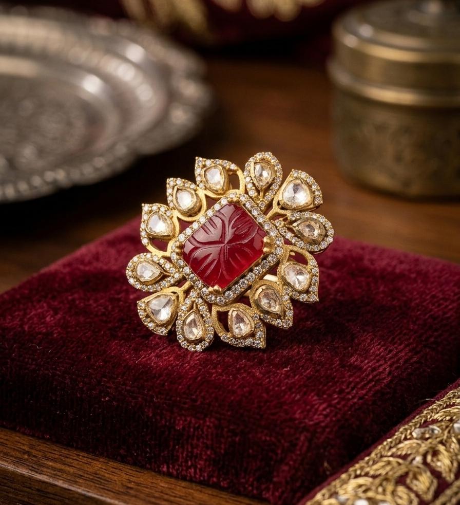The Shahi Meera Carved Ruby & Polki Ring