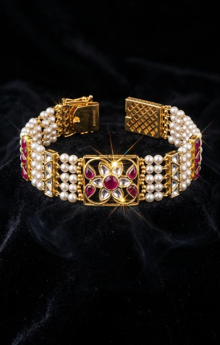 The Gulnaz Pearl and Ruby Polki  Bracelet IN 925 SILVER