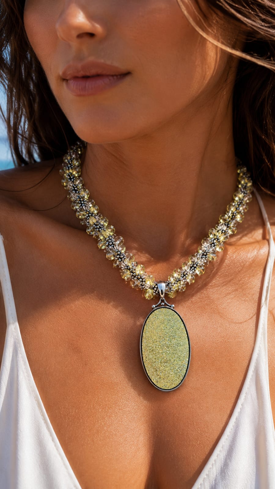 Sunlit Shore Lemon Druzy Pendant Necklace in 925 Sterling Silver