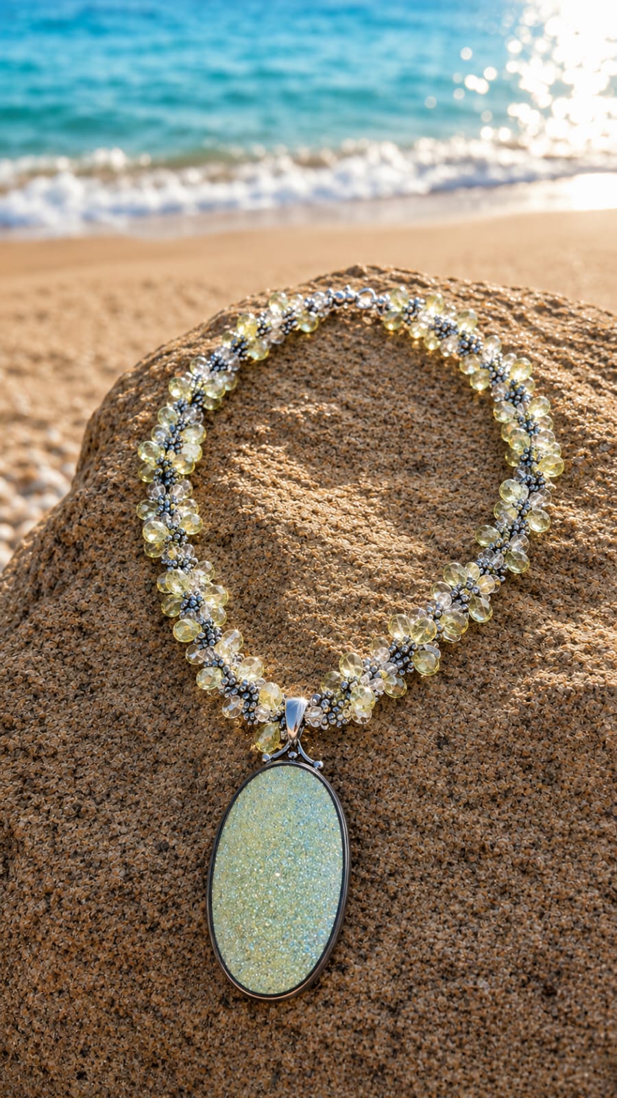 Sunlit Shore Lemon Druzy Pendant Necklace in 925 Sterling Silver