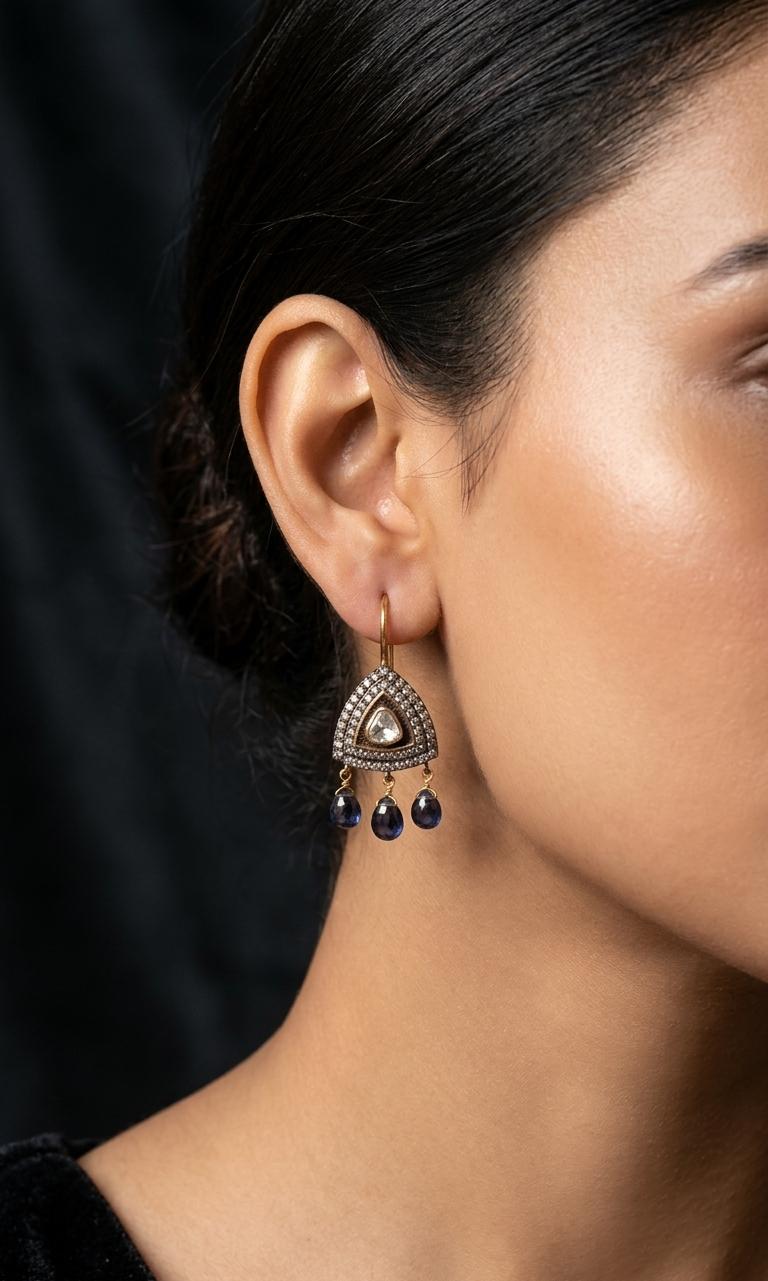 Vintage Mughal-Inspired Silver Triangle Drop Earrings with Sapphire Dangles IN 925 SILVER