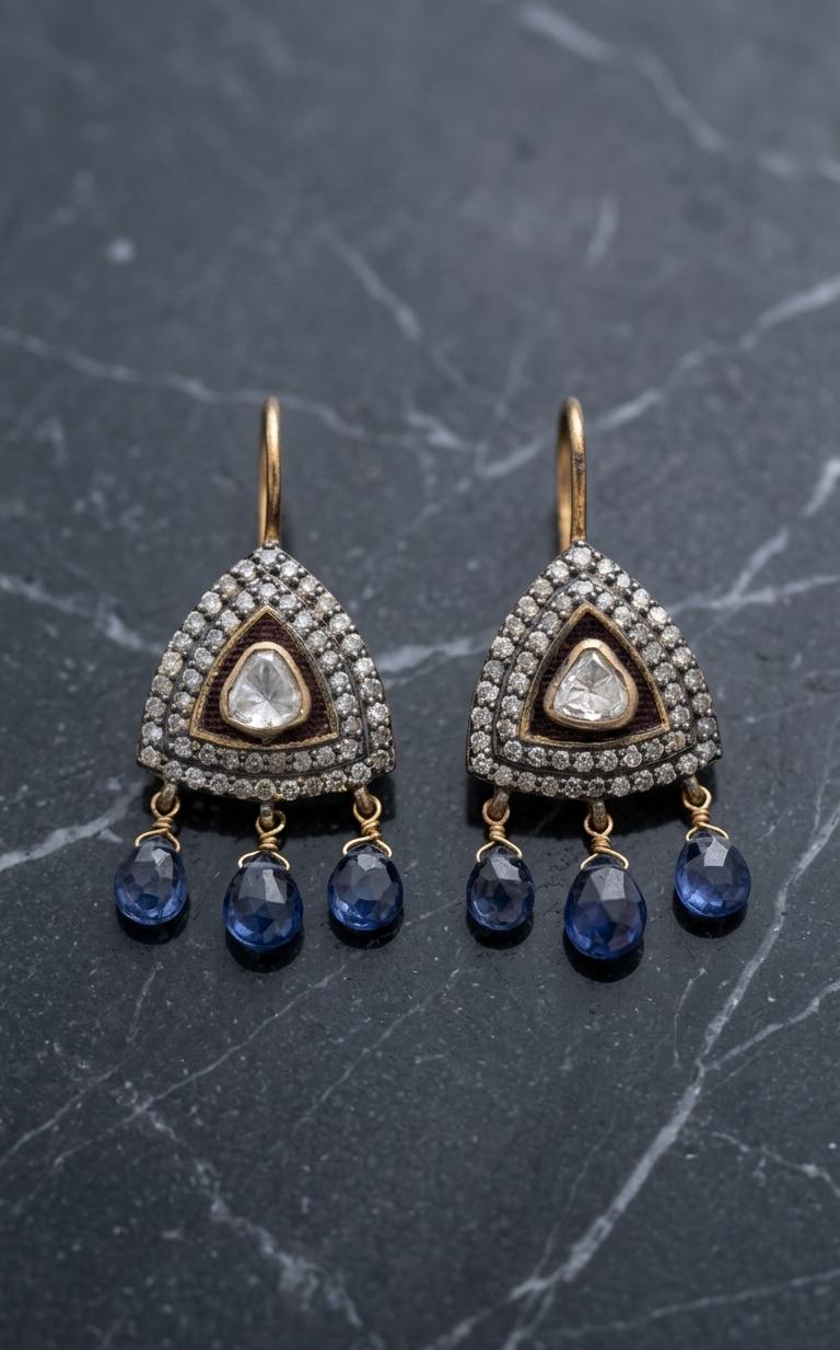 Vintage Mughal-Inspired Silver Triangle Drop Earrings with Sapphire Dangles IN 925 SILVER