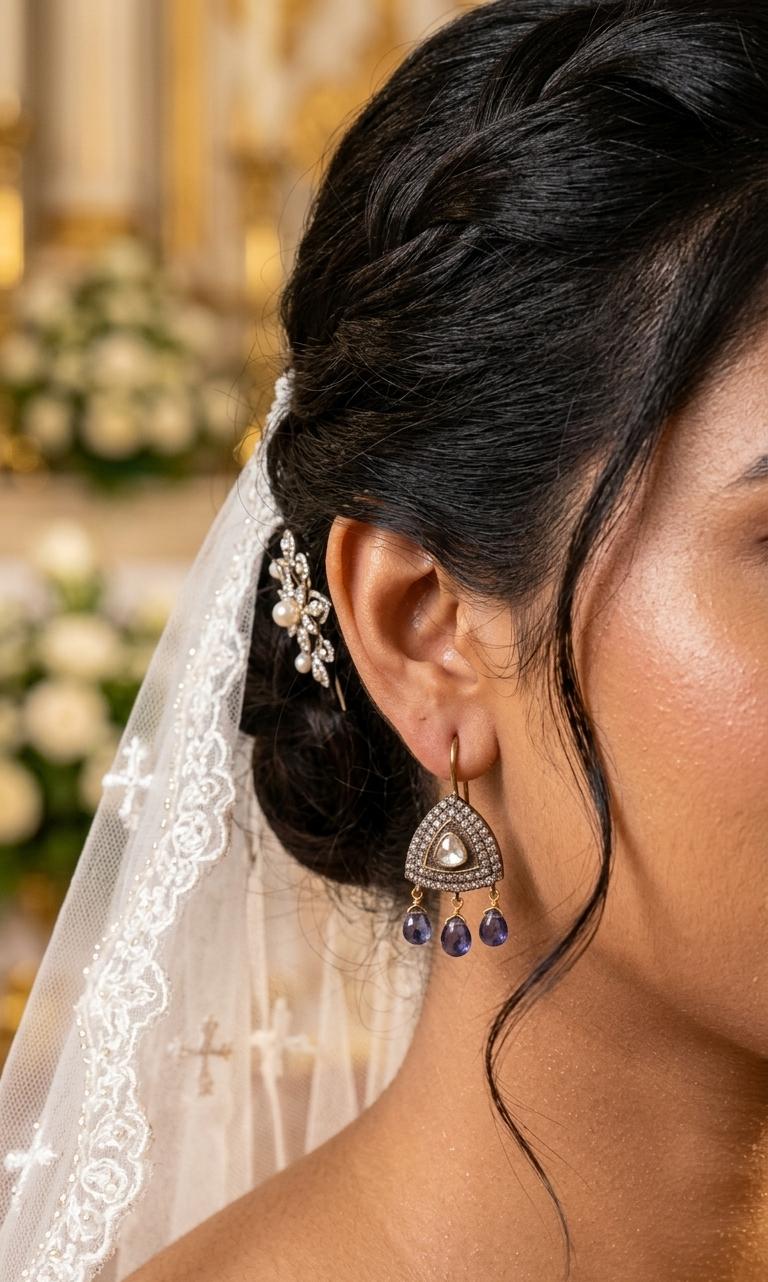 Vintage Mughal-Inspired Silver Triangle Drop Earrings with Sapphire Dangles IN 925 SILVER