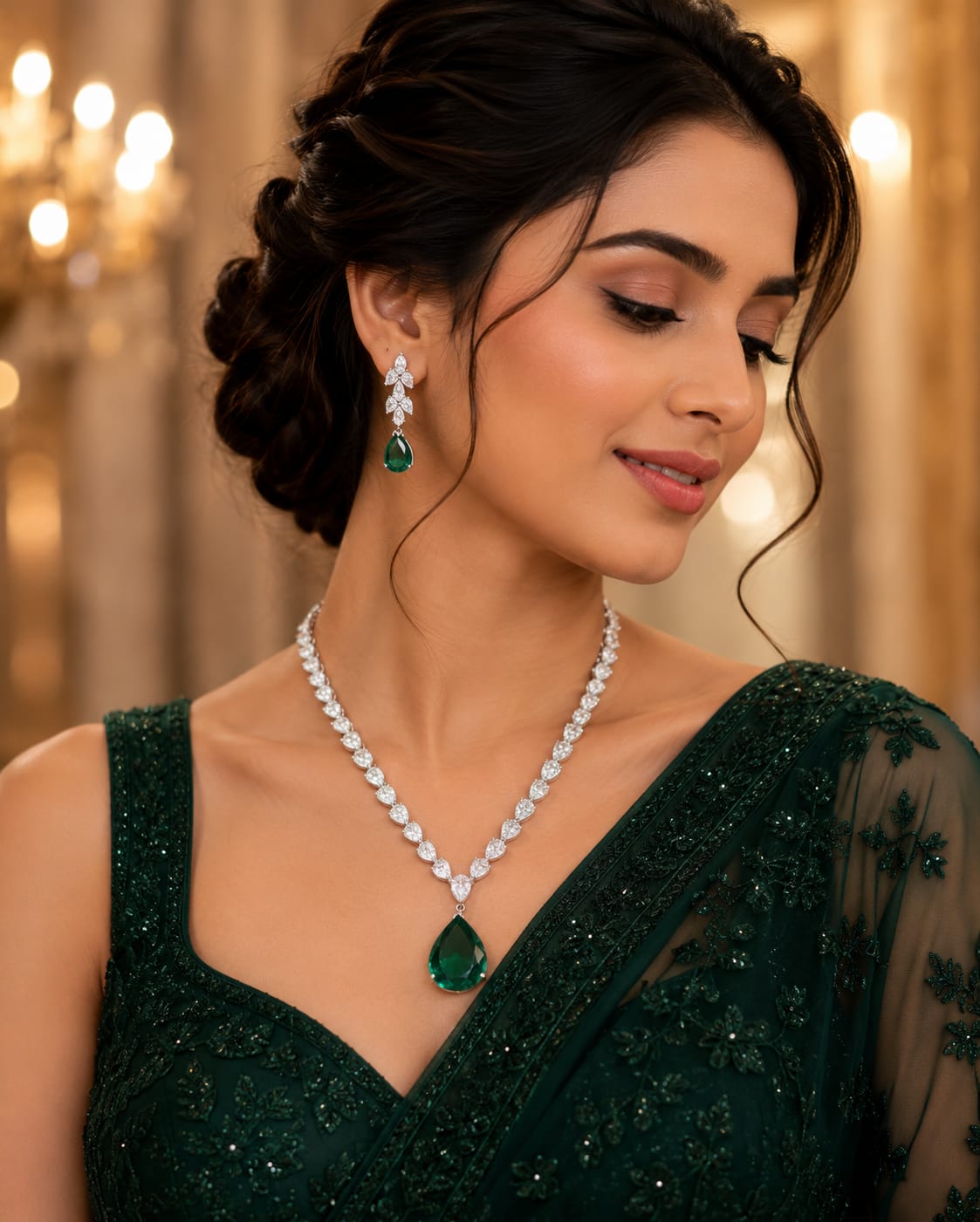 The Verdant Dawn Diamond & Emerald Pendant Set IN 925 SILVER