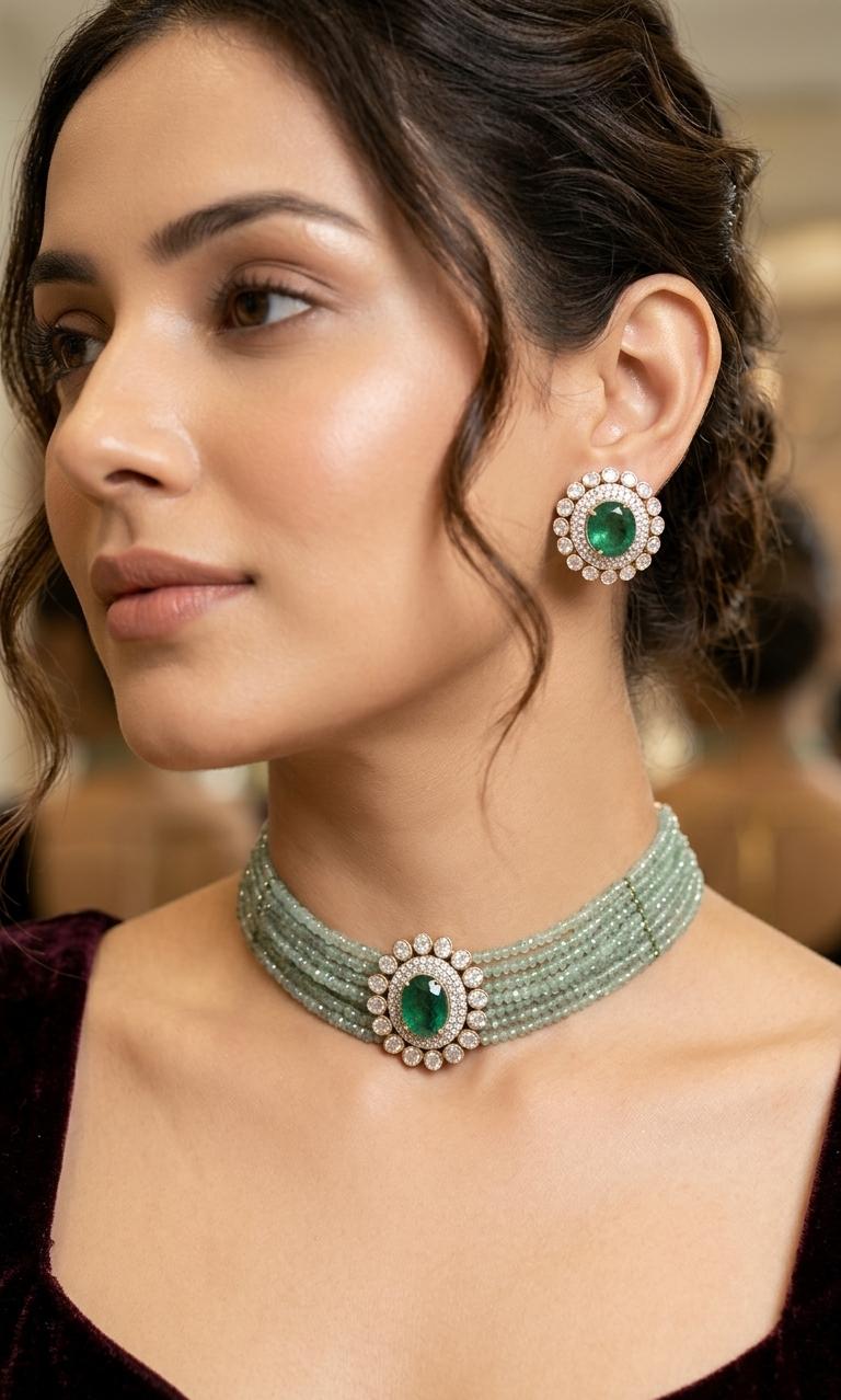 Multi-Strand Mint Green Beaded Choker IN 925 SILVER