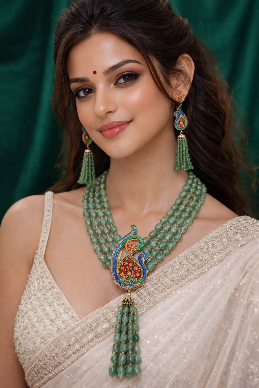 The Mayura Meenakari Multi-Strand Emerald Bead Necklace IN 925 SILVER