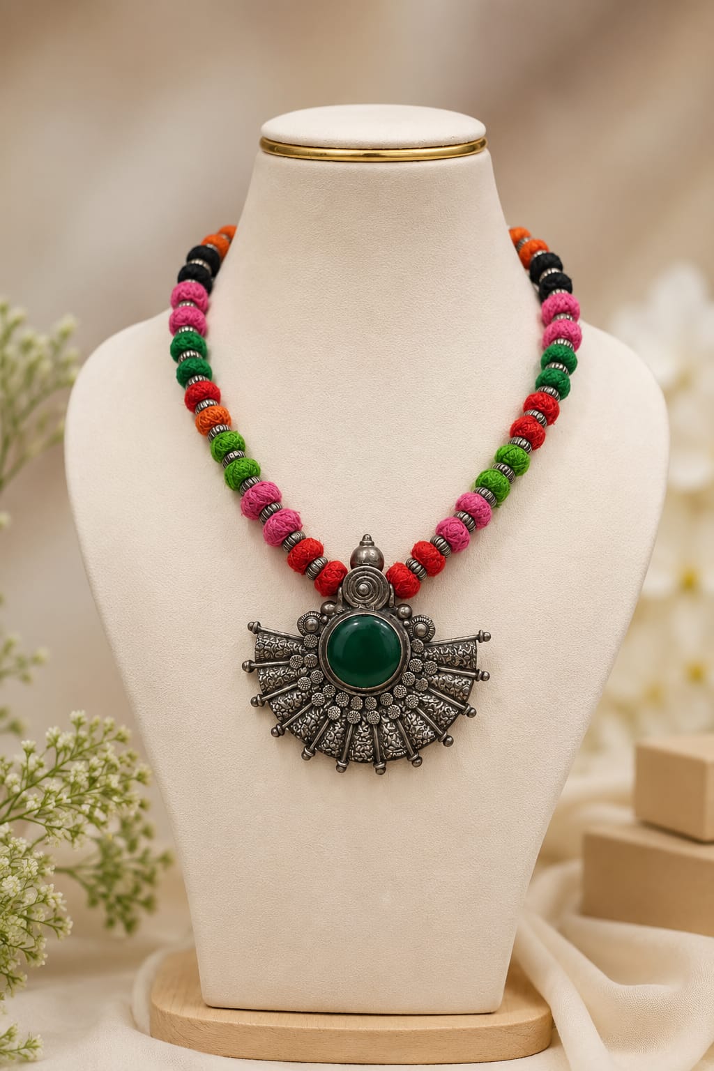 Emerald-Green Cabochon Oxidized Statement Necklace IN 925 SILVER