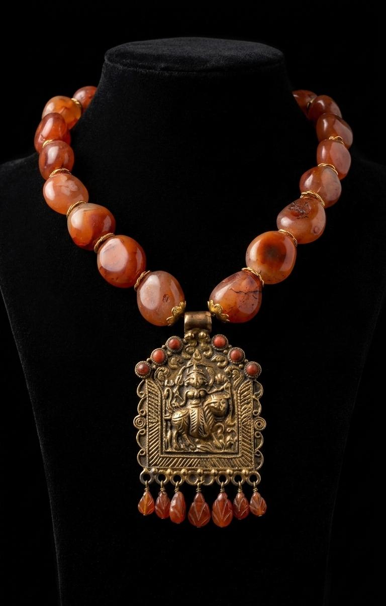Antique-Finish Deity Pendant Necklace with Carnelian Bead Mala IN 925 SILVER