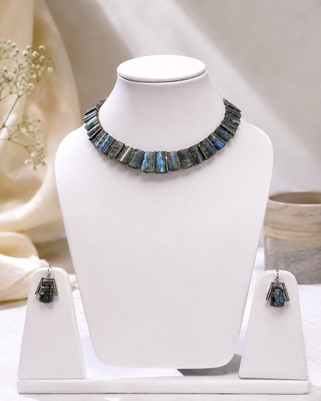 Ethereal Labradorescence Statement Necklace and Earring Set IN 925  SILVER