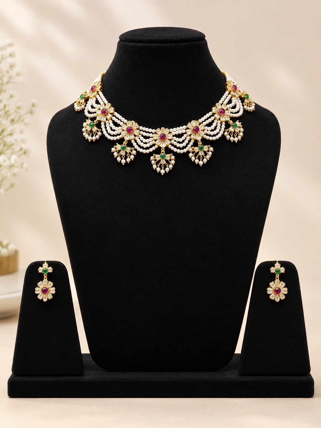Traditional Rajputana Pearl and Gemstone Necklace Set IN 925 SILVER