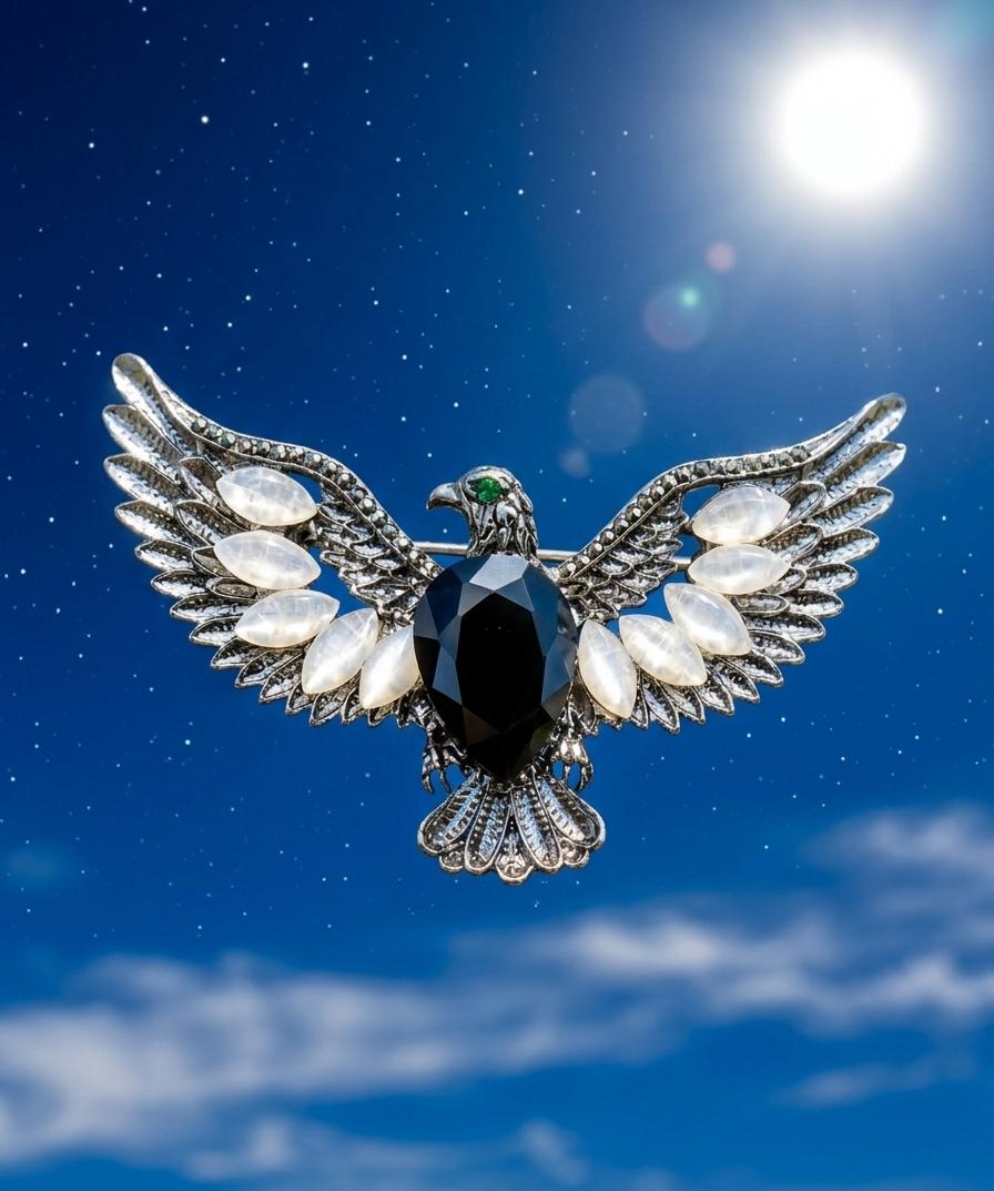 The Soaring Valkyrie Onyx and Moonstone Eagle Brooch