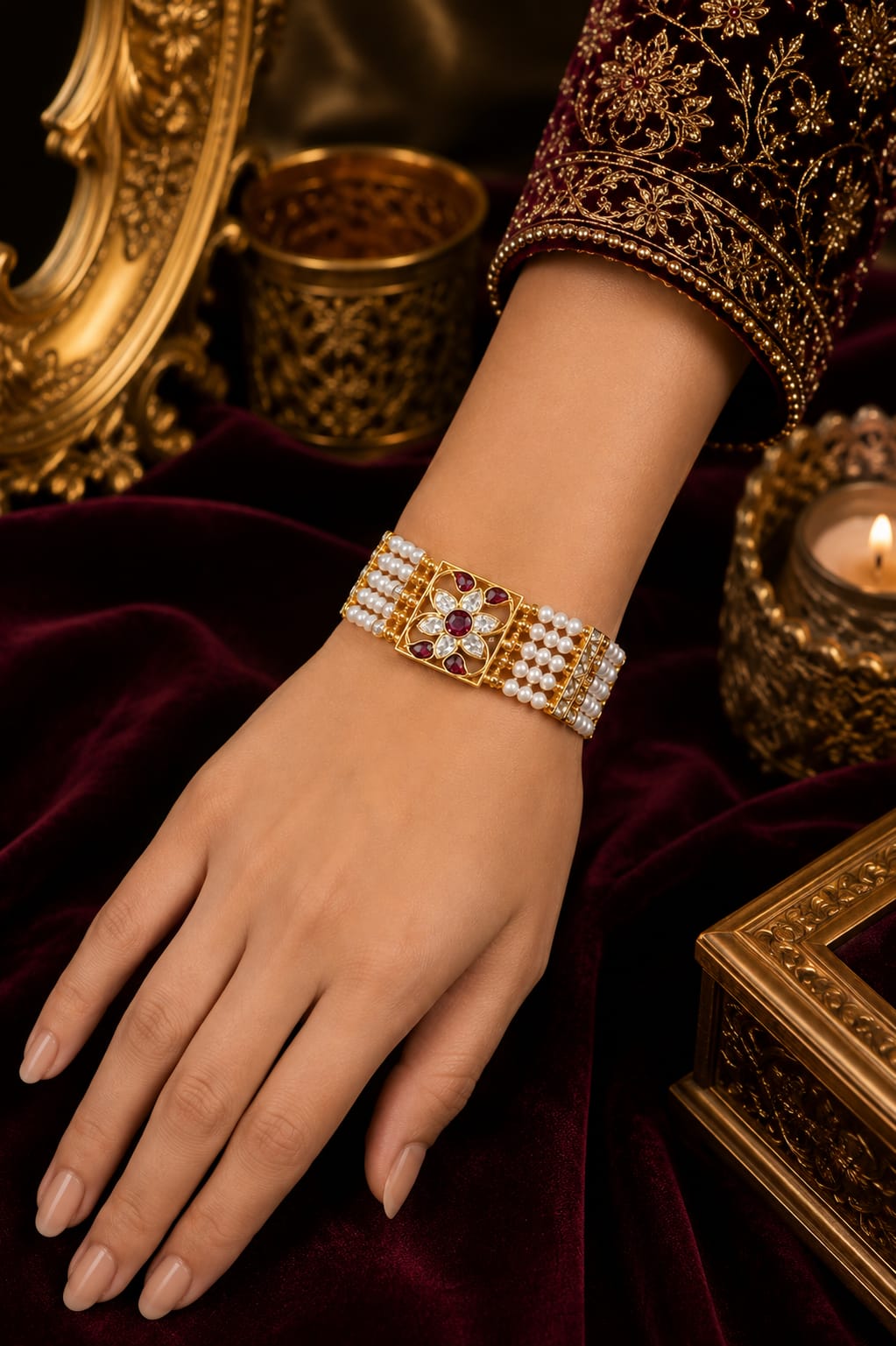 The Gulnaz Pearl and Ruby Polki  Bracelet IN 925 SILVER
