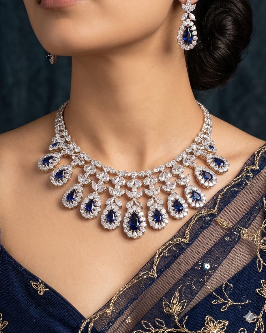 Royal Sapphire Elegance Silver Necklace Set IN 925 SILVER
