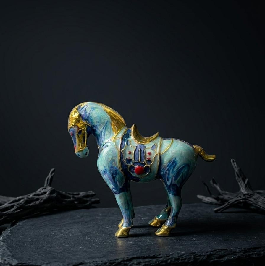 Gold-Plated Turquoise Marbled Horse Brooch