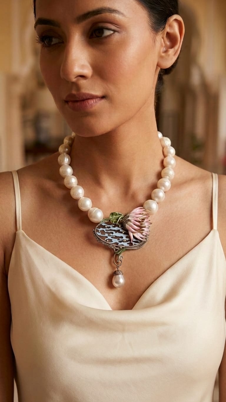 The Ethereal Bloom Pearl Statement Necklace IN 925 SILVER