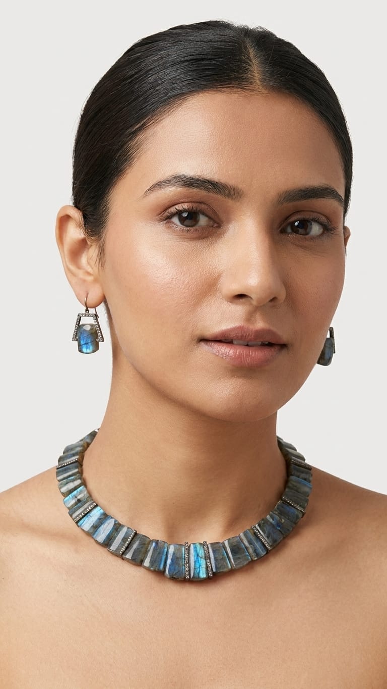 Ethereal Labradorescence Statement Necklace and Earring Set IN 925  SILVER