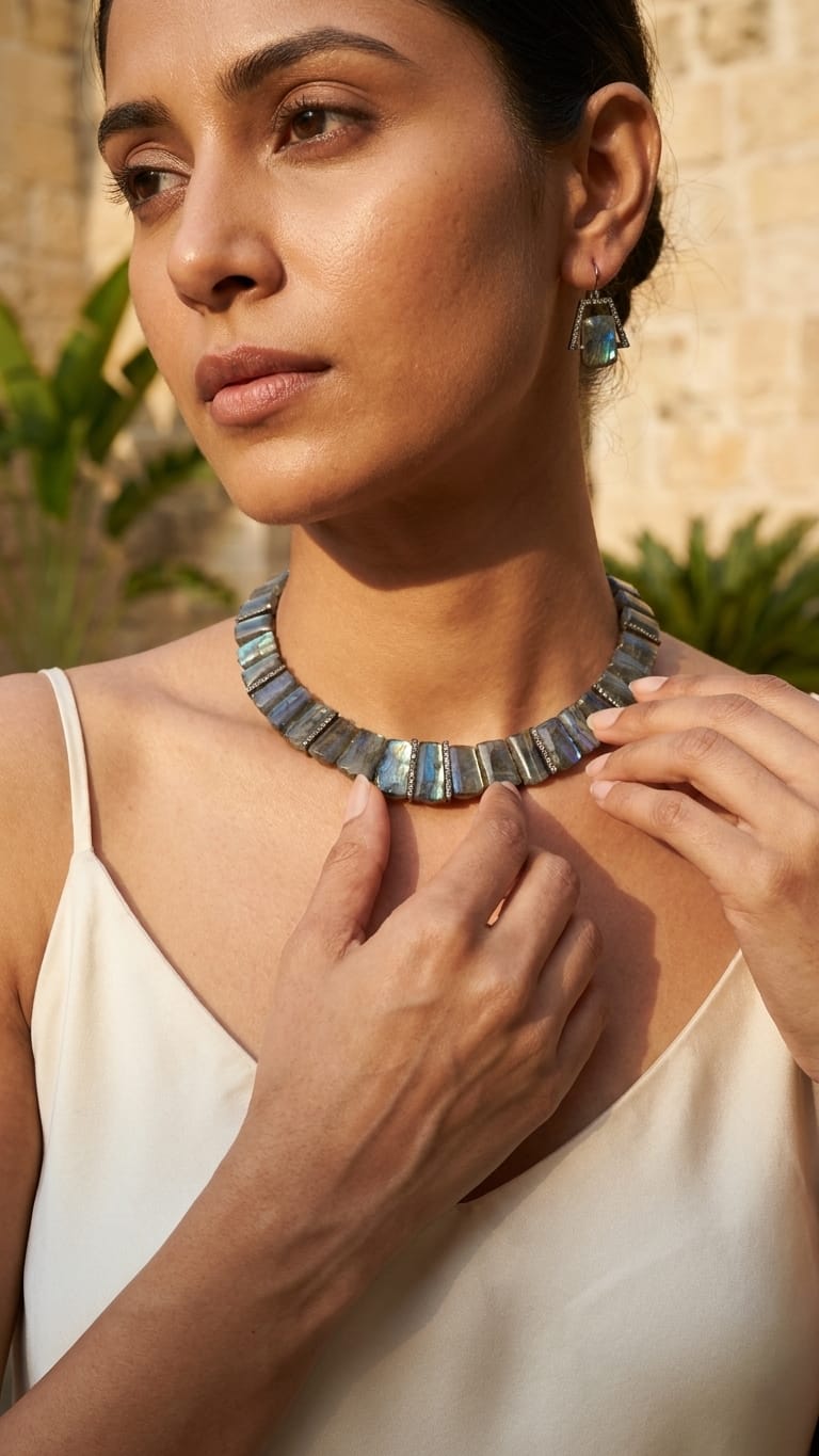 Ethereal Labradorescence Statement Necklace and Earring Set IN 925  SILVER