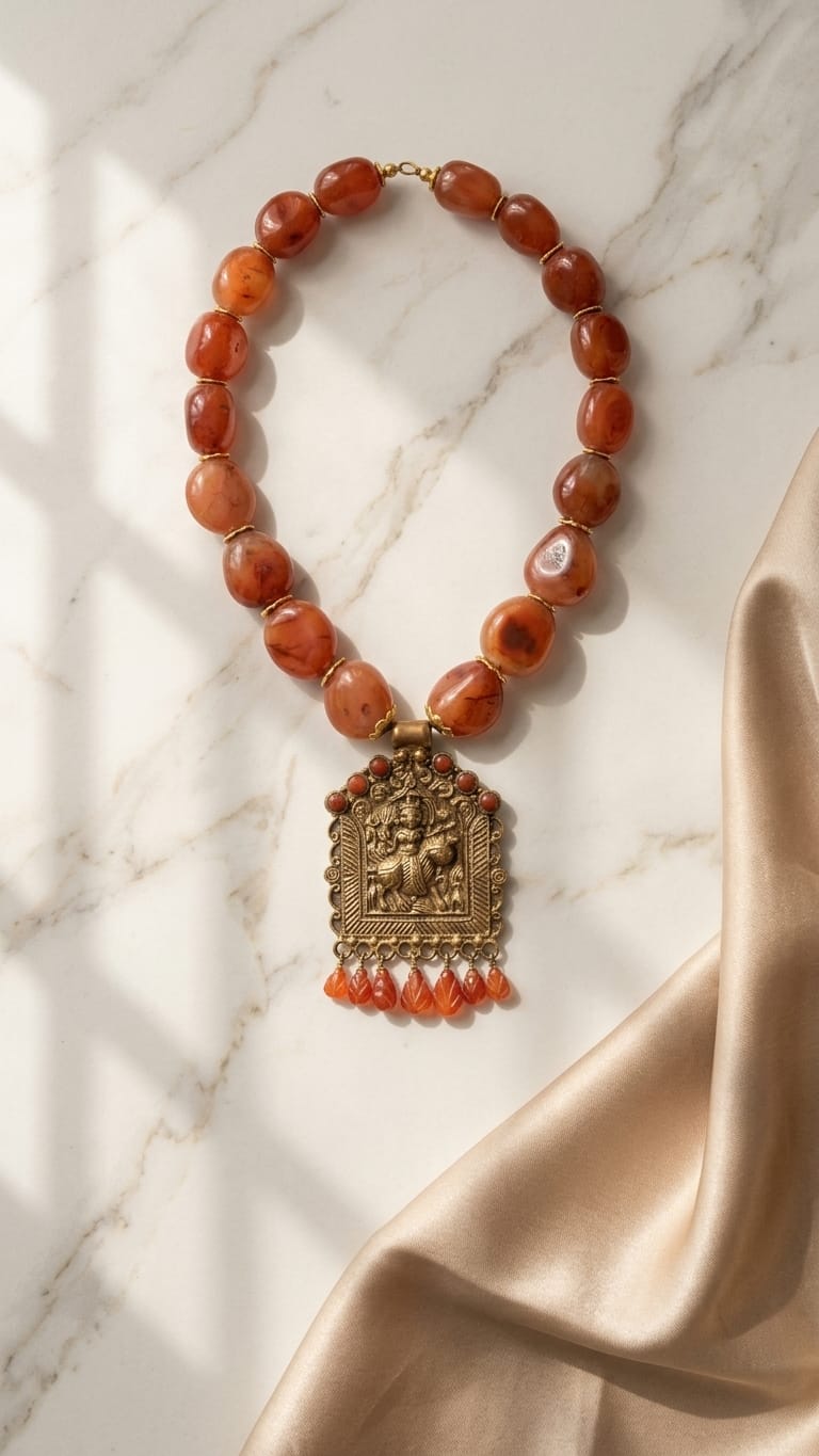 Antique-Finish Deity Pendant Necklace with Carnelian Bead Mala IN 925 SILVER