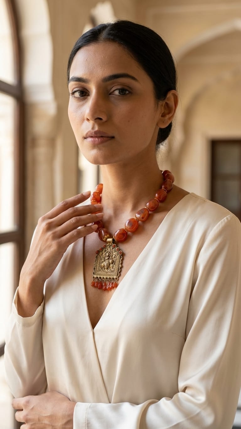 Antique-Finish Deity Pendant Necklace with Carnelian Bead Mala IN 925 SILVER
