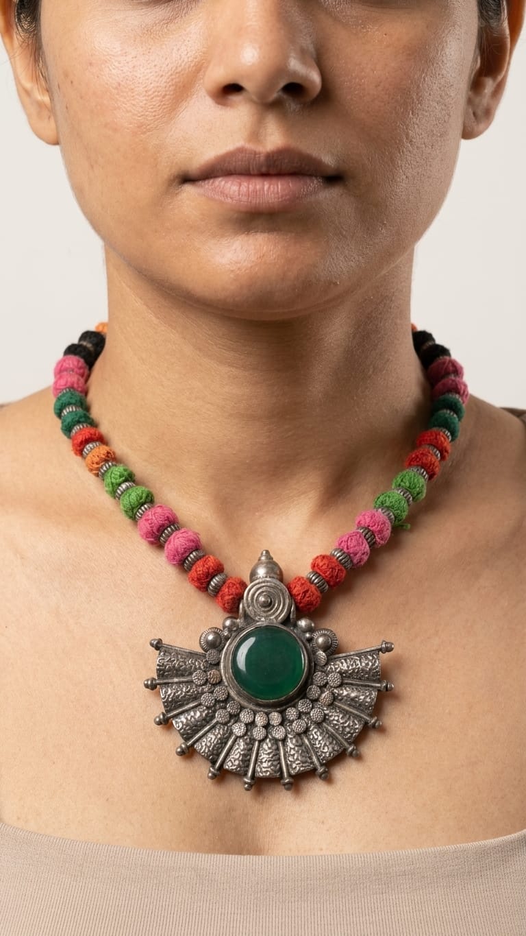 Emerald-Green Cabochon Oxidized Statement Necklace IN 925 SILVER