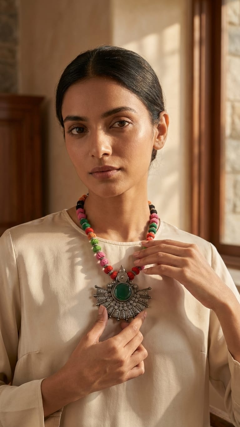 Emerald-Green Cabochon Oxidized Statement Necklace IN 925 SILVER