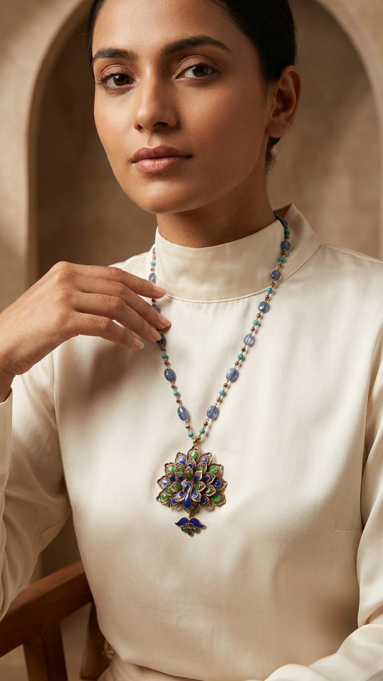 Vibrant Peacock Motif Filigree Necklace IN 925 SILVER