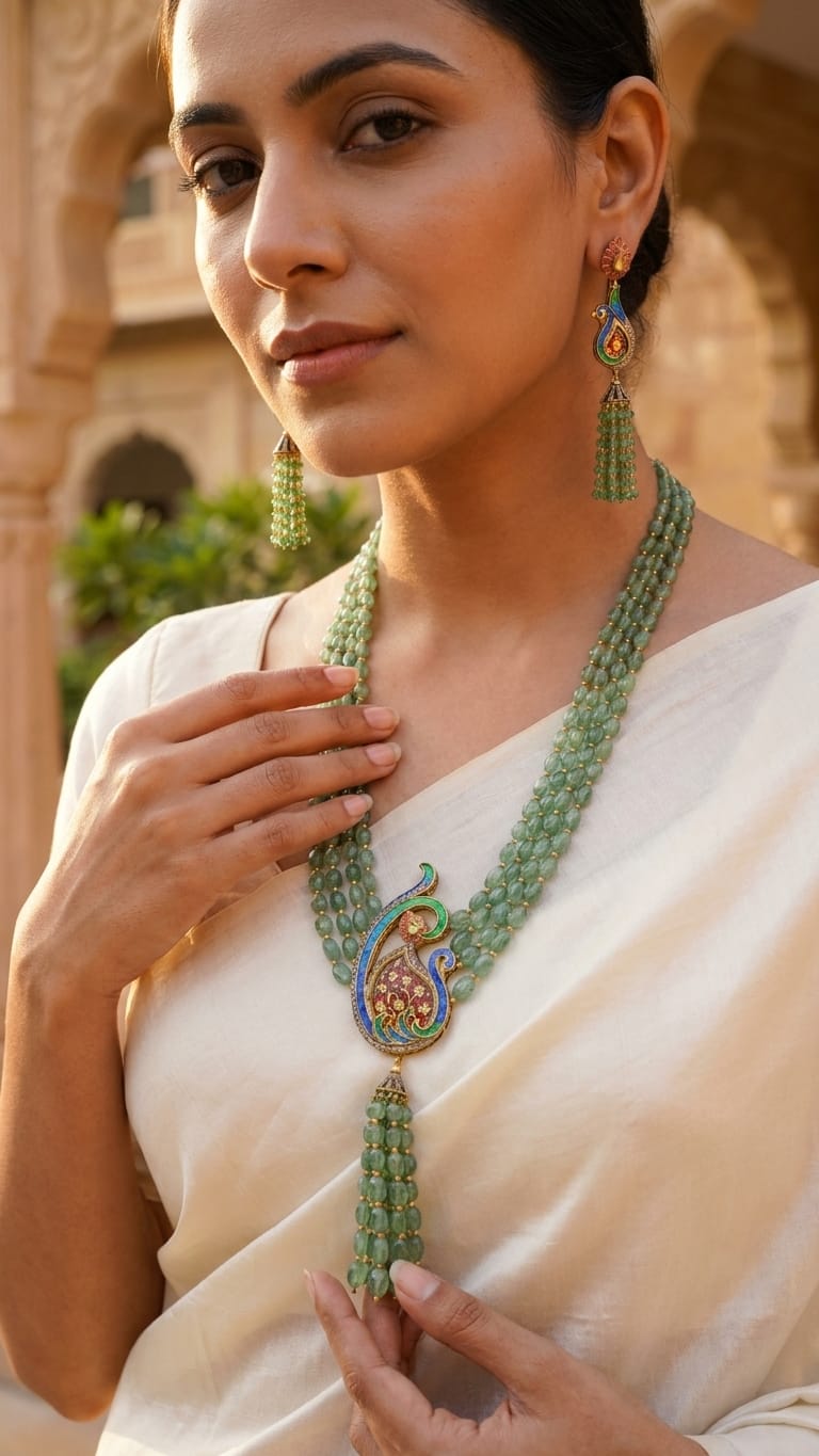 The Mayura Meenakari Multi-Strand Emerald Bead Necklace IN 925 SILVER
