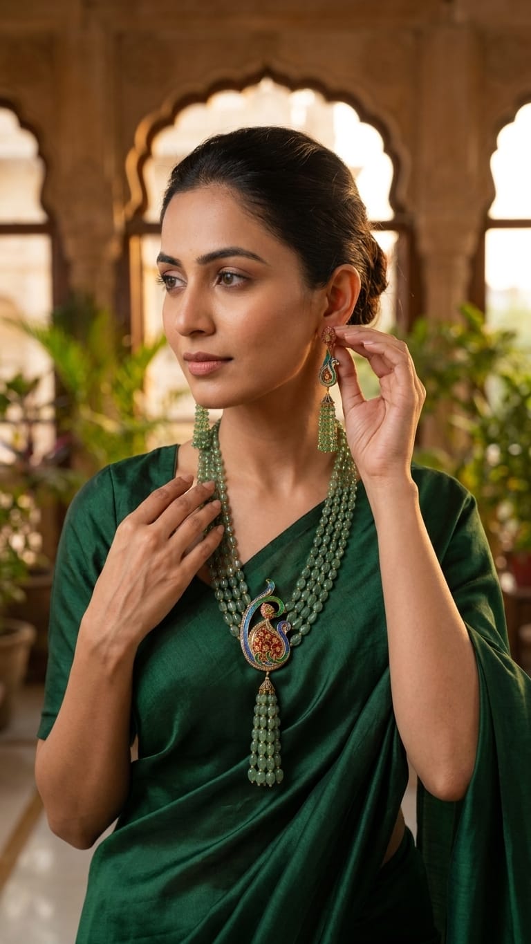 The Mayura Meenakari Multi-Strand Emerald Bead Necklace IN 925 SILVER