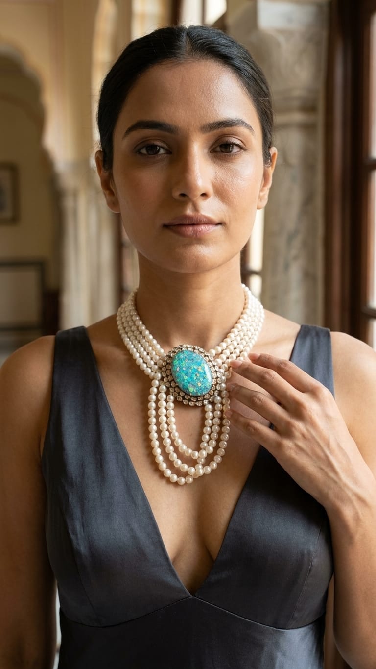 The Nilima Opal & Multi-Strand Pearl Choker IN 925 SILVER