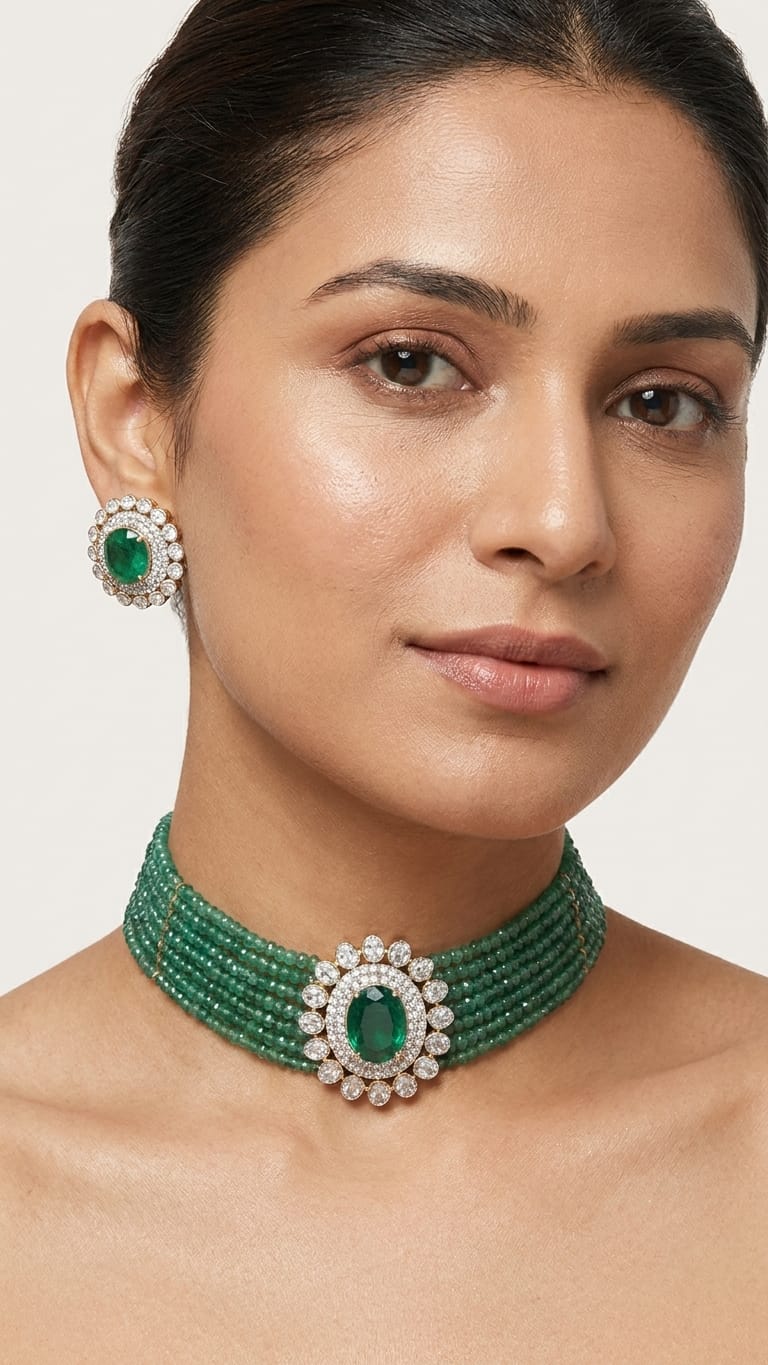 Multi-Strand Mint Green Beaded Choker IN 925 SILVER