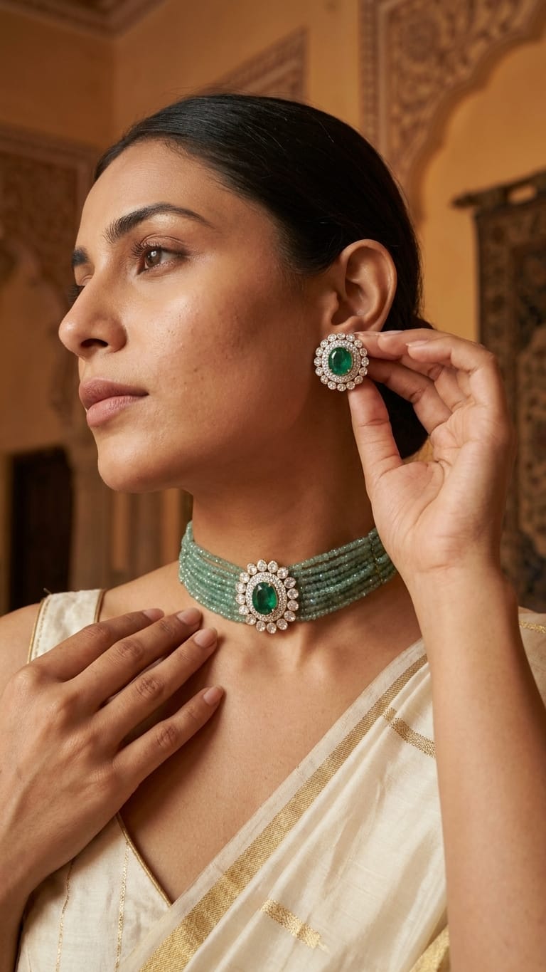Multi-Strand Mint Green Beaded Choker IN 925 SILVER