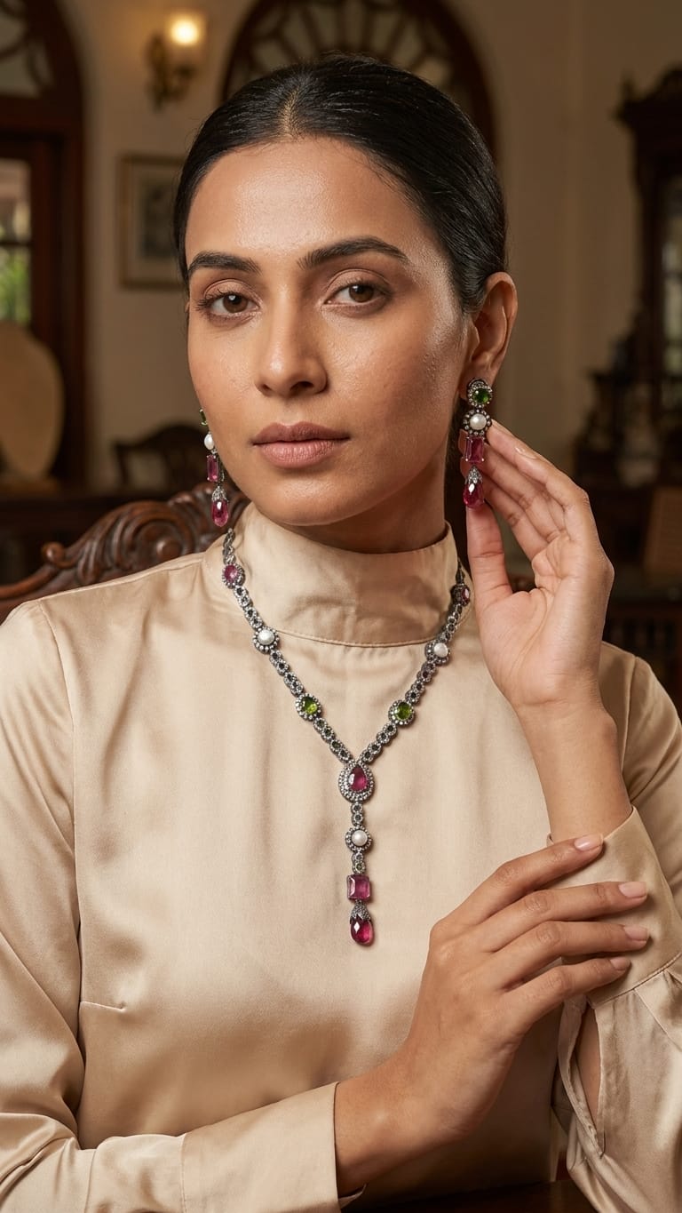 The Imperial Blossom: Antique Silver Y-Necklace & Matching Drop Earring Set IN 925 SILVER