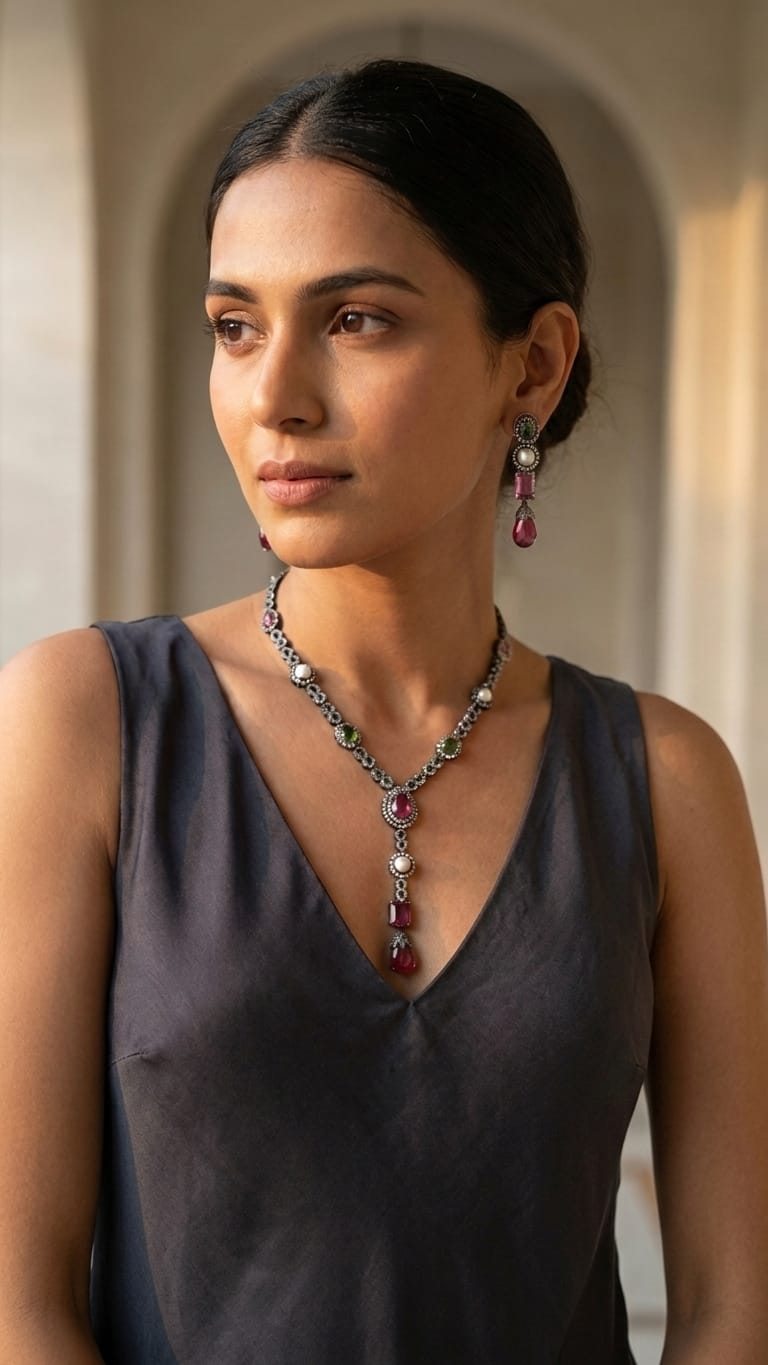 The Imperial Blossom: Antique Silver Y-Necklace & Matching Drop Earring Set IN 925 SILVER