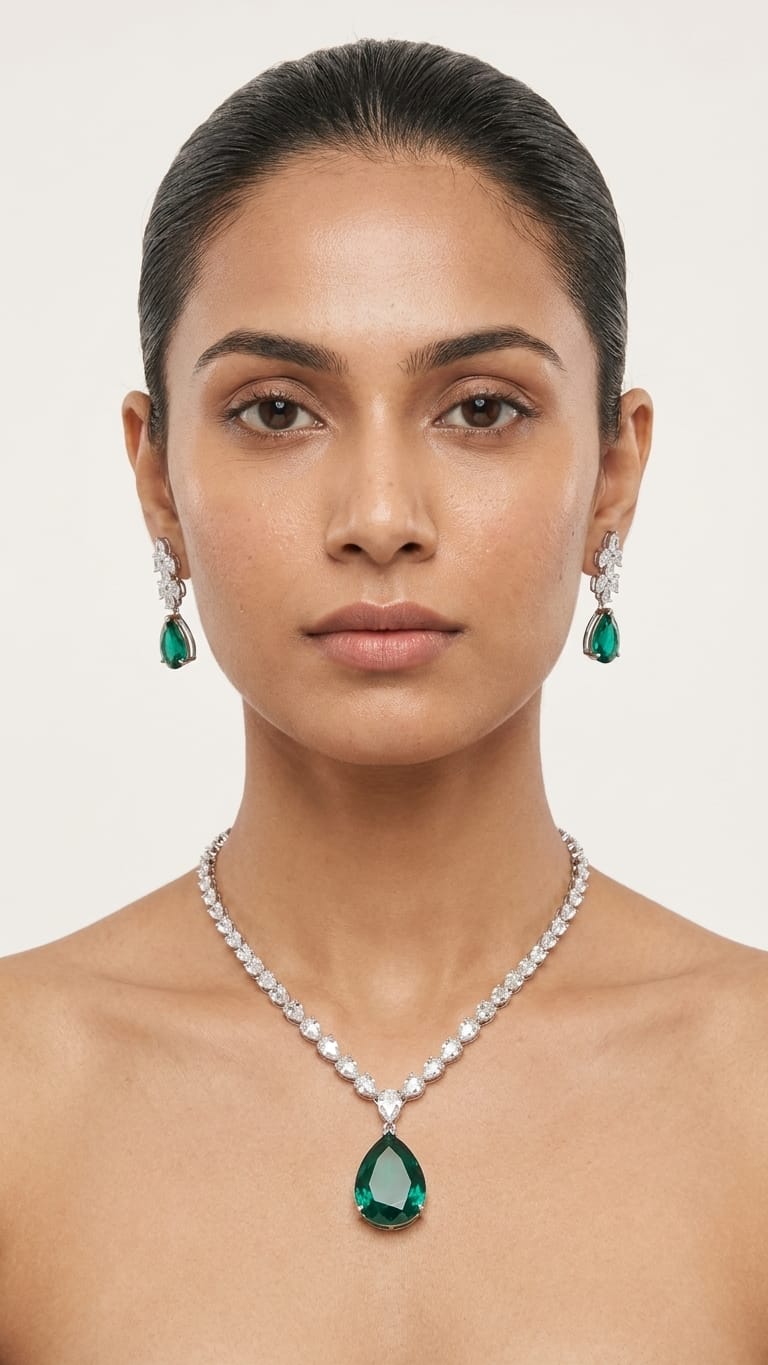 The Verdant Dawn Diamond & Emerald Pendant Set IN 925 SILVER