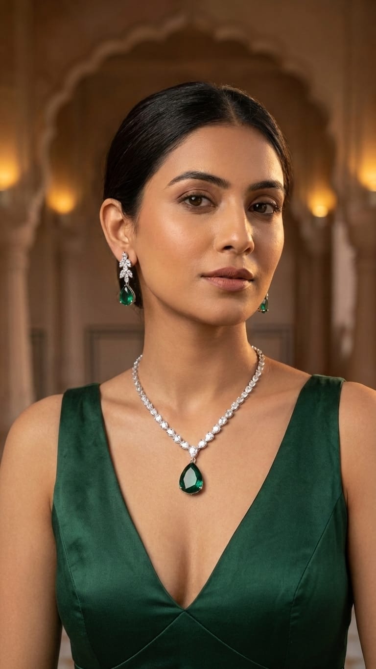 The Verdant Dawn Diamond & Emerald Pendant Set IN 925 SILVER