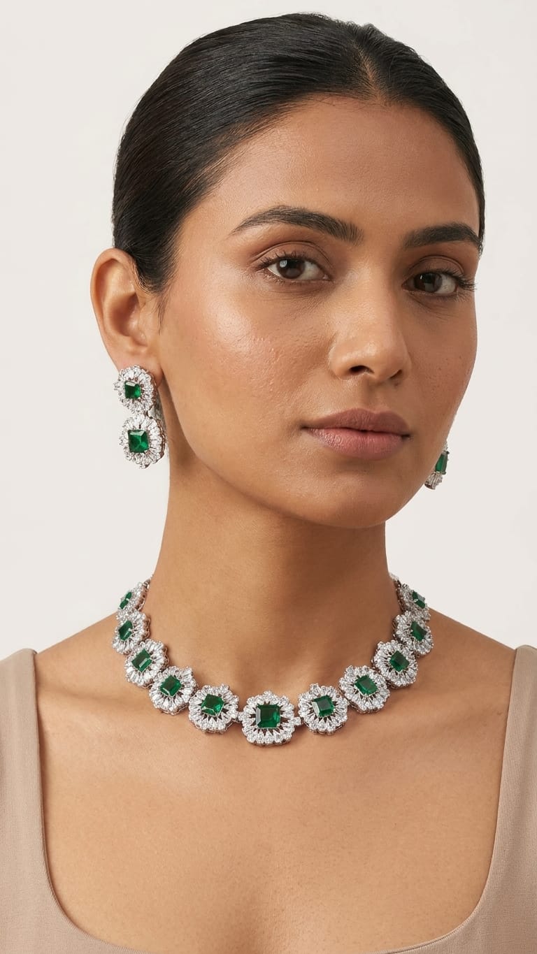 Emerald & Diamond Radiance Set IN 925 SILVER