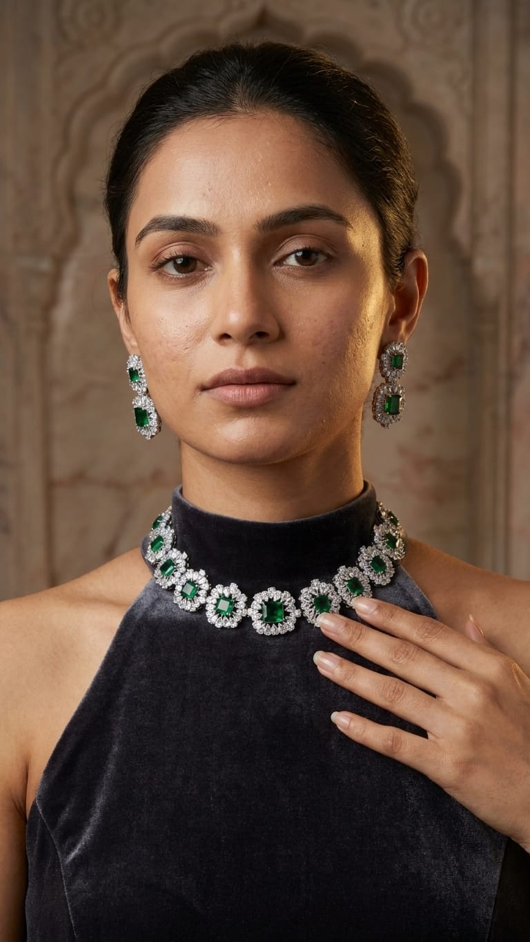 Emerald & Diamond Radiance Set IN 925 SILVER
