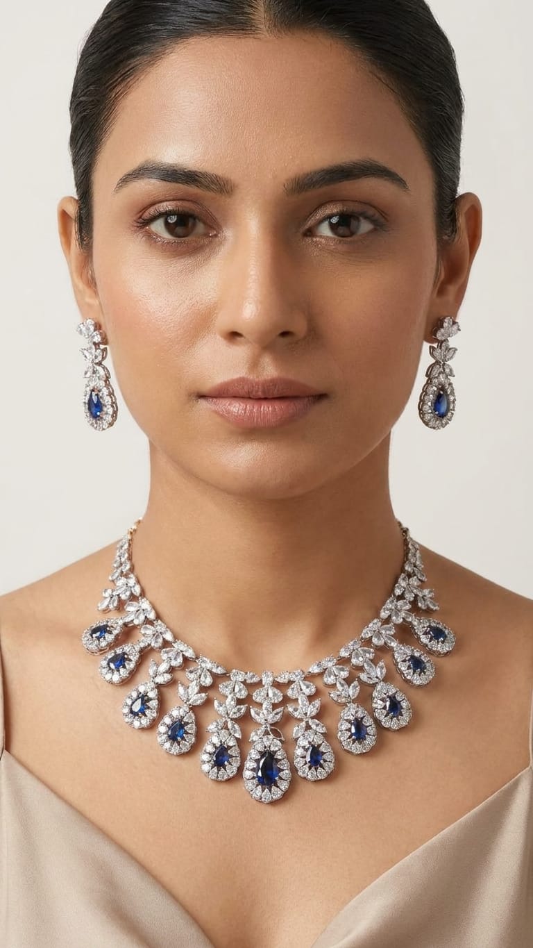 Royal Sapphire Elegance Silver Necklace Set IN 925 SILVER