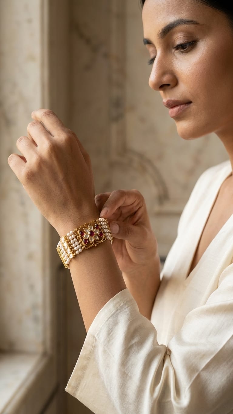 The Gulnaz Pearl and Ruby Polki  Bracelet IN 925 SILVER