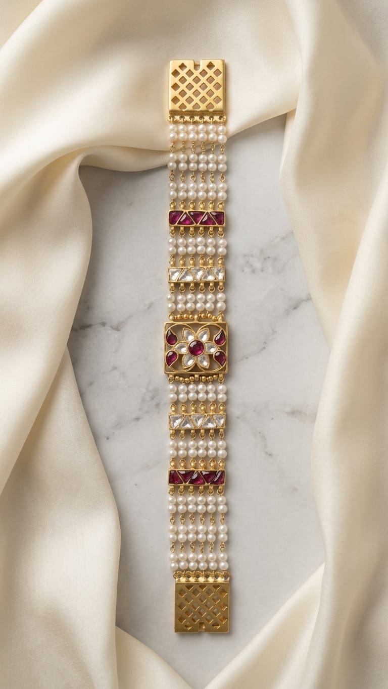 The Gulnaz Pearl and Ruby Polki  Bracelet IN 925 SILVER