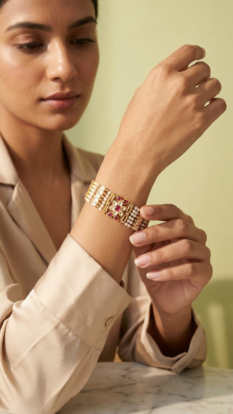 The Gulnaz Pearl and Ruby Polki  Bracelet IN 925 SILVER