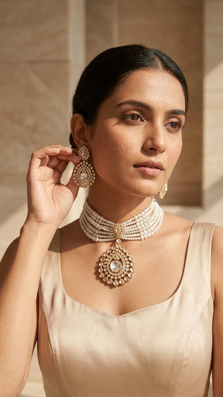 Pearl Elegance Polki Choker Set IN 925 SILVER
